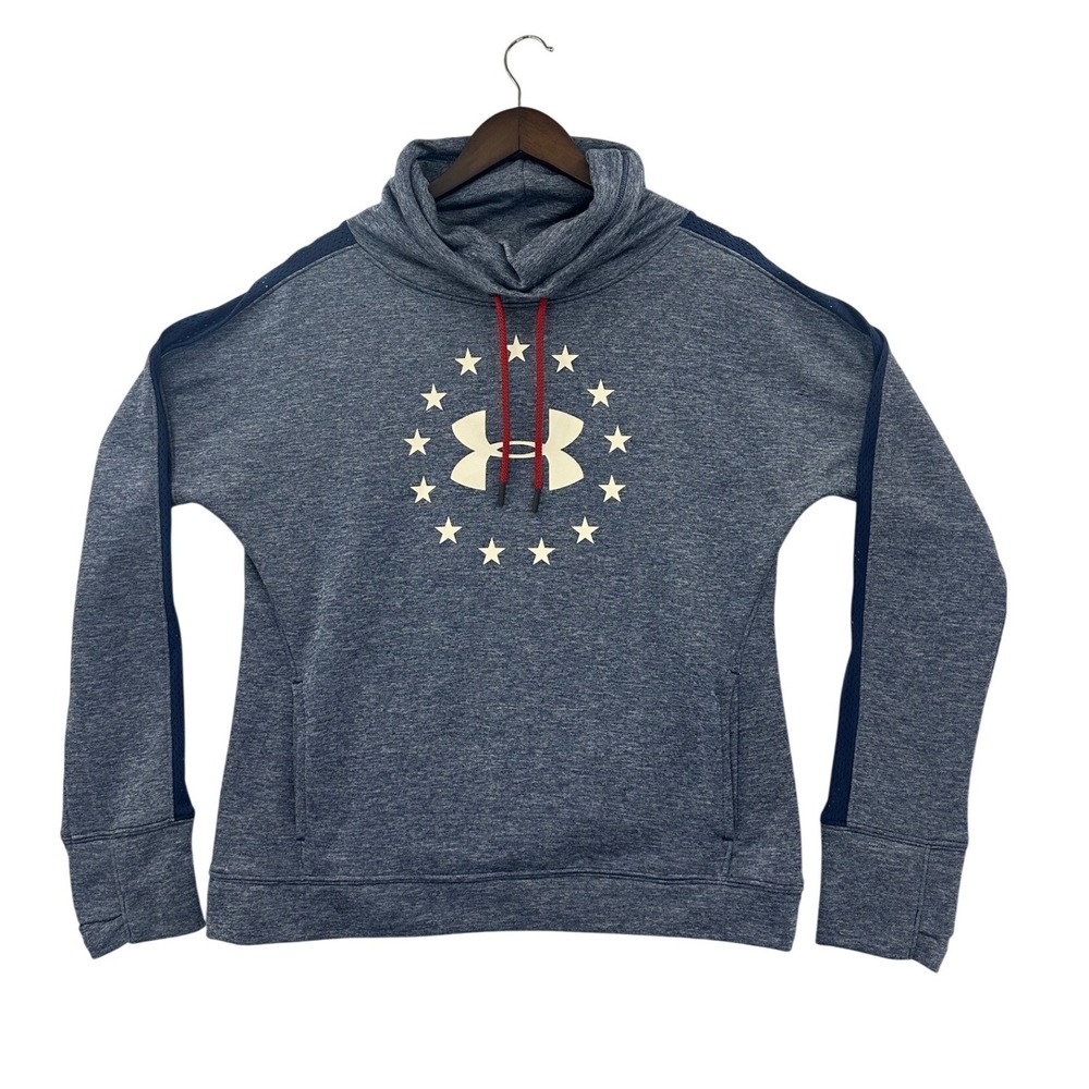 Under Armour‎ Women's Fleece Cowl Neck Sweatshirt Blue Stars Logo Loose Fit M